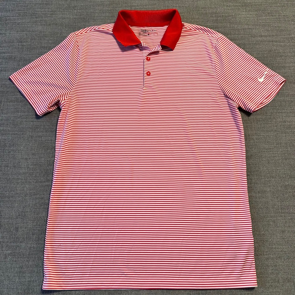 Nike Golf Polo Shirt Mens Medium Red White  Striped Dri-FIT Standard Fit
